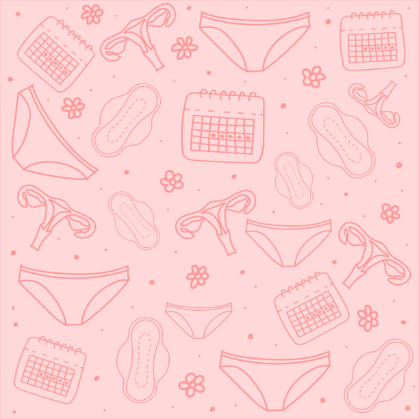 vektorhintergrund mit symbolen der weiblichen menstruation damenbinden, höschen, kalender, gebärmutter - menstruation stock-grafiken, -clipart, -cartoons und -symbole