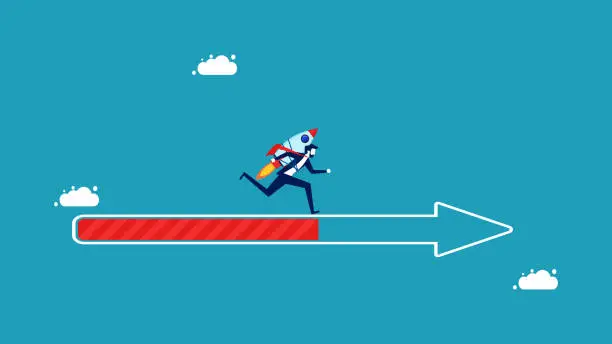 Vector illustration of Progress or mission journey to success. determined businessman running on a progress bar