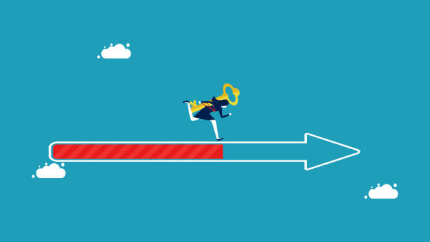 istock Progress or unlock missions. determined businesswoman runs on the progress bar for the future 1433033893