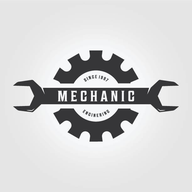 ilustrações de stock, clip art, desenhos animados e ícones de minimalist spanner wrench gear logo, engineering mechanical tools design vector, illustration vintage of automotive garage concept - auto repair shop mechanic piston industrial equipment