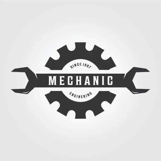 Vector illustration of Minimalist Spanner Wrench Gear Logo, Engineering Mechanical Tools Design Vector, Illustration Vintage of Automotive Garage Concept