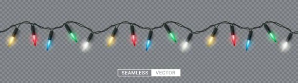 weihnachtsbeleuchtung nahtloses vektordesign. weihnachtsgirlande bunte leuchtende glühbirne für weihnachtsweihnachtsdekoration - lichterkette stock-grafiken, -clipart, -cartoons und -symbole