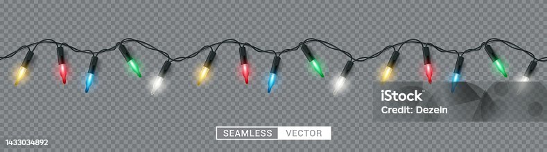 istock Christmas lights seamless vector design. Christmas garland colorful glowing bulb for xmas holiday decoration 1433034892