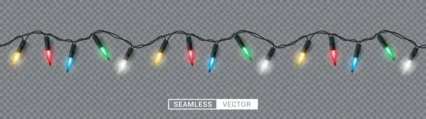 Vector illustration of Christmas lights seamless vector design. Christmas garland colorful glowing bulb for xmas holiday decoration