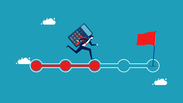 istock Investment progress. Businessman with calculator running on progress bar 1433034924