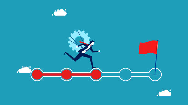 istock Focus on the mission to the goal. Businessman with cogs running on progress bar 1433035023