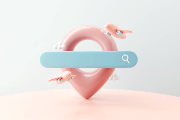 istock Pastel search bar with pin pointer and plane, Searching for travel tour, 3d render 1433036173