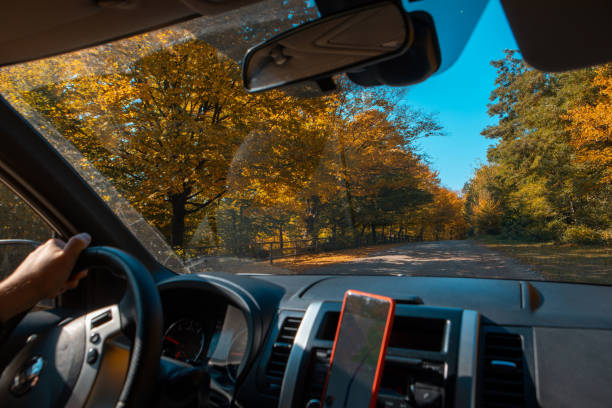 istock driving car autumn forest on road side navigation on the phone 1433036253