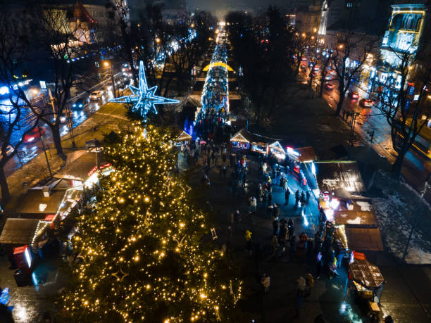 istock overhead view of christmas tree square in Lviv city 1433036256