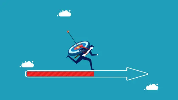 Vector illustration of Follow progress goals. Businessman with a goal running on an arrow pointing forward