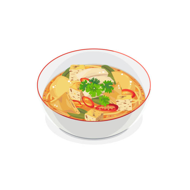 illustrazioni stock, clip art, cartoni animati e icone di tendenza di noodle di pollo al curry - fish cakes illustrations