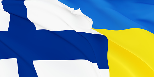 Danish and Ukrainian flags flying in the wind. Finland stand with Ukraine. 3D rendered image.