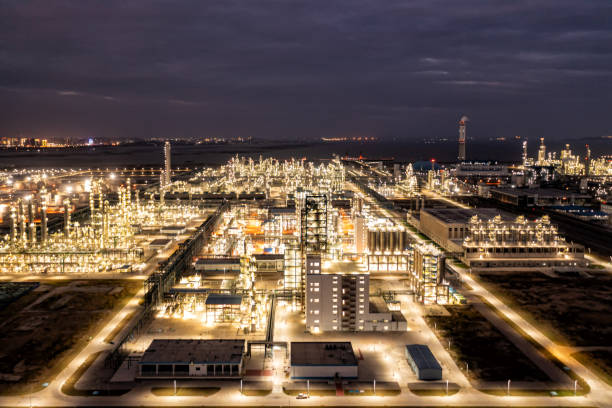 istock Petrochemical plant brightly lit at night 1433036910