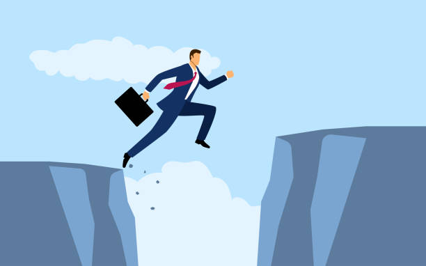 Cartoon illustration of a businessman jumps over the ravine Cartoon illustration of a businessman jumps over the ravine, challenge, obstacle, optimism, determination in business concept leap of faith stock illustrations