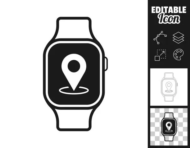 Vector illustration of Smartwatch with location pin. Icon for design. Easily editable