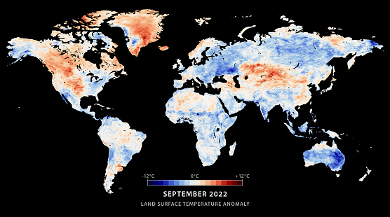 World Map Land Surface Temperature Anomaly September 2022. Miller Cylindrical Projection.
Land surface temperature anomalies for the month of September 2022 compared to the average conditions during that period between 2001-2010.
All source data is in the public domain.
Color texture: MODIS Terra satellite data courtesy of NASA Earth Observations. 
https://neo.gsfc.nasa.gov/view.php?datasetId=MOD_LSTAD_M