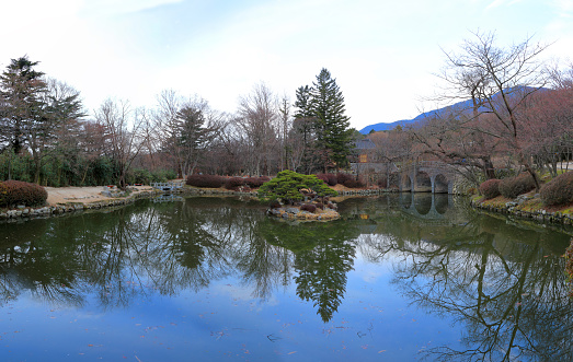 It is a landscape of the pond of Bulguksa Temple in Gyeongju, South Korea.