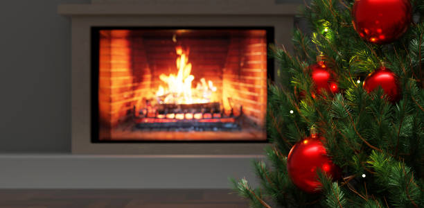 istock Christmas tree and burning fireplace, warm home. Fire burning 1433040931