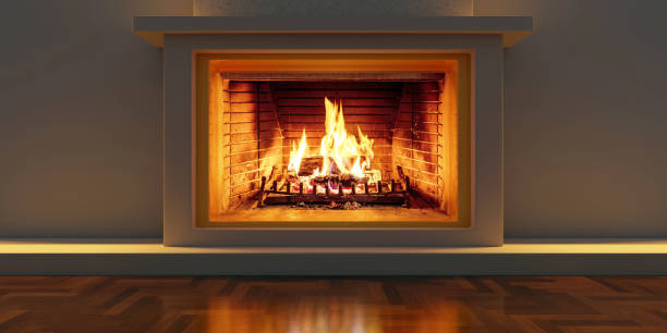 istock Burning fireplace, cozy home interior. Fire burning, wooden floor, front view 1433040934