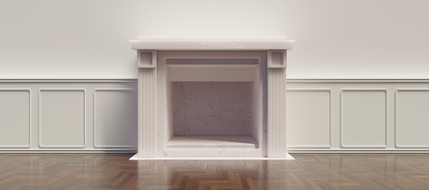 Fireplace white marble empty on wooden parquet floor, wainscot panel on wall, living room interior classic design. 3d render