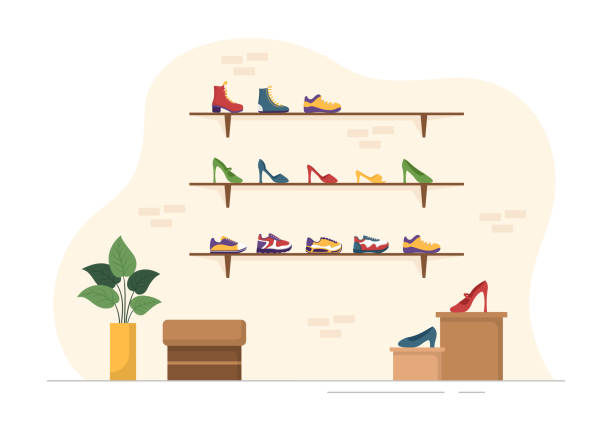 schuhgeschäft mit neuer kollektion männer oder frauen verschiedene modelle oder farben von turnschuhen und high heels in flachen cartoon handgezeichnete vorlagen illustration - schuhgeschäft stock-grafiken, -clipart, -cartoons und -symbole