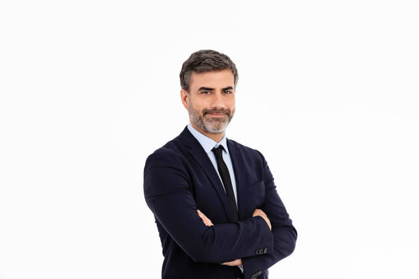 businessman smiling with arms crossed on white background - clothing well dressed business waist up imagens e fotografias de stock