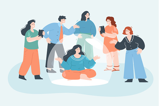 Girl avoiding contact with crowd, sitting in glass bubble. Woman meditating, sitting in lotus position, separating from noisy people, rejecting interaction flat vector illustration. Meditation concept