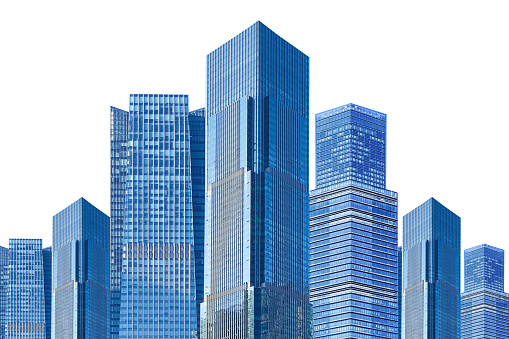 A collection of modern urban skyscrapers against a white background