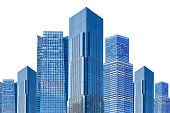 A collection of modern urban skyscrapers against a white background