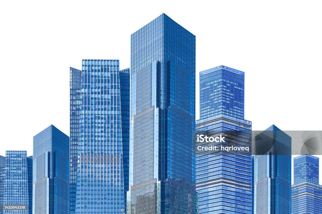 A collection of modern urban skyscrapers against a white background Skyscraper Stock Photo
