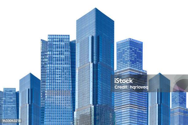 A Collection Of Modern Urban Skyscrapers Against A White Background Stock Photo - Download Image Now