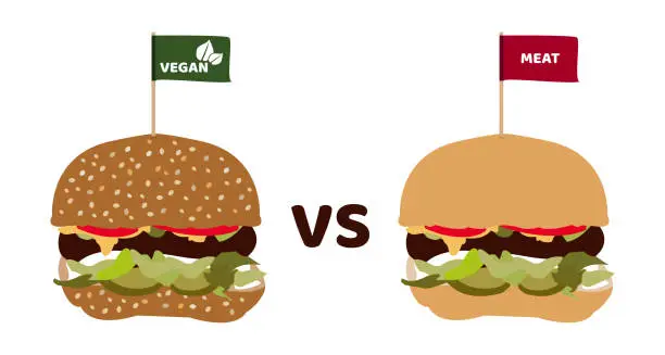 Vector illustration of Vegan vs meat burger. Comparison of hamburger with a veggie patty with meat substitute or alternative and beef unhealthy patty. Vegetarian burger and meat burger.