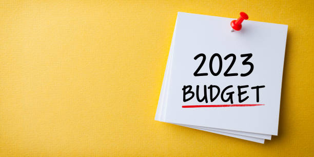 istock Budget 2023 Word in White Sticky Note on Yellow Chardboard Background 1433044250