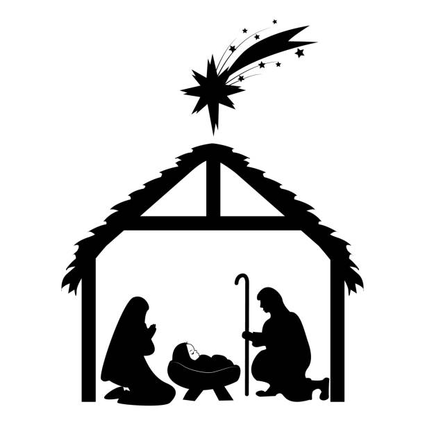 Birth of Christ. Baby Jesus in a manger with Mary and Joseph. Star of Bethlehem. Birth of Christ. Baby Jesus in a manger with Mary and Joseph. Star of Bethlehem bethlehem star stock illustrations