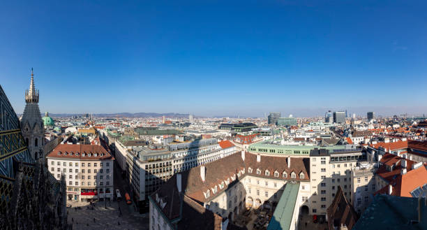 Vienna, Austria - February 15, 2019: view from observation platform of St. Stephen's cathedral  to skyline of Vienna, Austria.