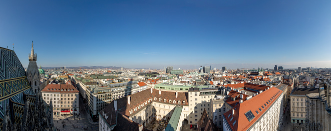 Vienna, Austria - February 15, 2019: view from observation platform of St. Stephen's cathedral  to skyline of Vienna, Austria.