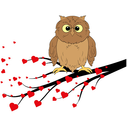 A wise owl bird sits on a tree branch with hearts. White background. Design element