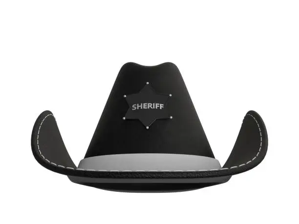 Photo of Sheriff leather hat black color isolated on isolated background. Western Texas traditional attribute clothes. 3d rendering illustration.