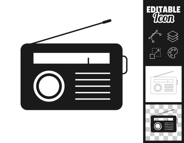 Radio. Icon for design. Easily editable Icon of "Radio" for your own design. Three icons with editable stroke included in the bundle: - One black icon on a white background. - One line icon with only a thin black outline in a line art style (you can adjust the stroke weight as you want). - One icon on a blank transparent background (for change background or texture). The layers are named to facilitate your customization. Vector Illustration (EPS file, well layered and grouped). Easy to edit, manipulate, resize or colorize. Vector and Jpeg file of different sizes. retro transistor radio clip art stock illustrations