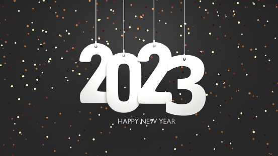 2023 Happy New Year text is hanging as a Christmas ornament for a new year greeting card background on dark gray. New year, Christmas and Chinese New Year concept. Easy to crop for all your social media or print sizes.