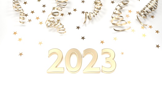 2023 text on Christmas, New Year or Chinese new year greeting card background with gold glitter and star shapes. New year, Christmas and Chinese New Year concept. Easy to crop for all your social media or print sizes.