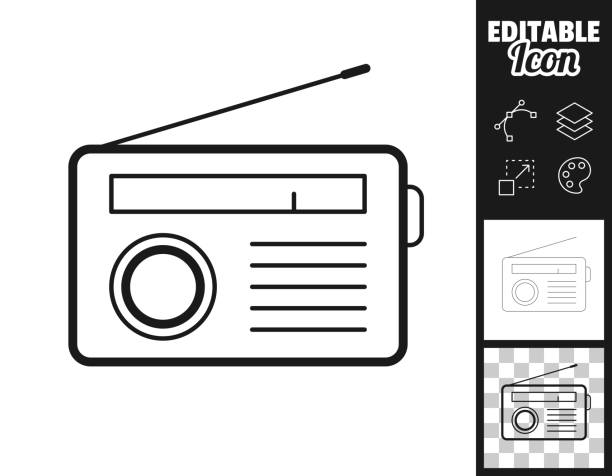 Radio. Icon for design. Easily editable Icon of "Radio" for your own design. Three icons with editable stroke included in the bundle: - One black icon on a white background. - One line icon with only a thin black outline in a line art style (you can adjust the stroke weight as you want). - One icon on a blank transparent background (for change background or texture). The layers are named to facilitate your customization. Vector Illustration (EPS file, well layered and grouped). Easy to edit, manipulate, resize or colorize. Vector and Jpeg file of different sizes. retro transistor radio clip art stock illustrations