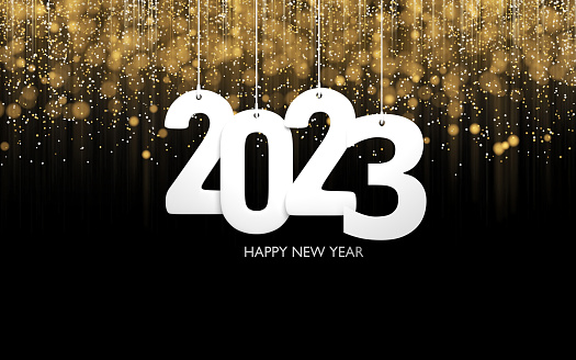 2023 title on Christmas, New Year or Chinese new year greeting card background with gold glitter and star shapes. New year, Christmas and Chinese New Year concept. Easy to crop for all your social media or print sizes.
