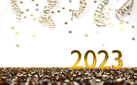 2023 title on Christmas, New Year or Chinese new year greeting card background with gold glitter and star shapes. New year, Christmas and Chinese New Year concept. Easy to crop for all your social media or print sizes.