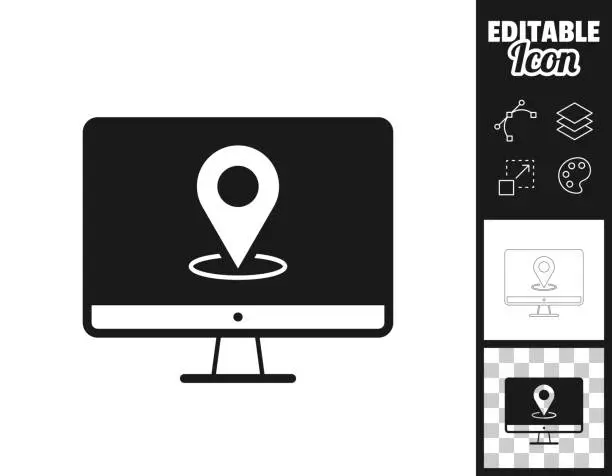 Vector illustration of Desktop computer with location pin. Icon for design. Easily editable