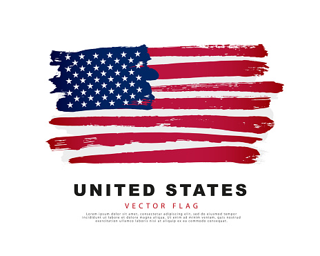 The flag of the USA. Blue, red and white brush strokes drawn by hand. Vector illustration on a white background. Colorful logo of the American flag.