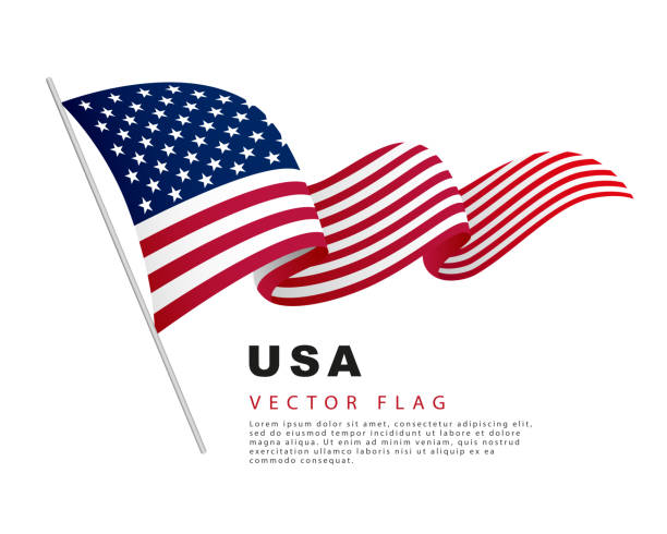 illustrazioni stock, clip art, cartoni animati e icone di tendenza di la bandiera degli stati uniti è appesa a un pennone e svolazza nel vento. illustrazione vettoriale su sfondo bianco. - bandiera degli stati uniti