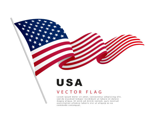 The USA flag is hanging on a flagpole and fluttering in the wind. Vector illustration on a white background. The USA flag is hanging on a flagpole and fluttering in the wind. Vector illustration on a white background. Colorful logo of the American flag. american flag stock illustrations