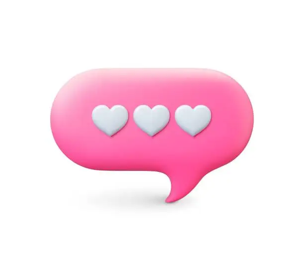 Vector illustration of Communication message 3d pink bubble. Speech balloon with hearts. Voice text comment vector element. Dialogue frame, romantic, valentines day symbol