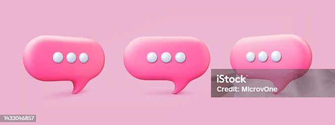 istock Message network 3d speech bubbles. Voice balloons emblems, text, comment or dialog clouds. Different talk boxes, vector thought icons 1433046857